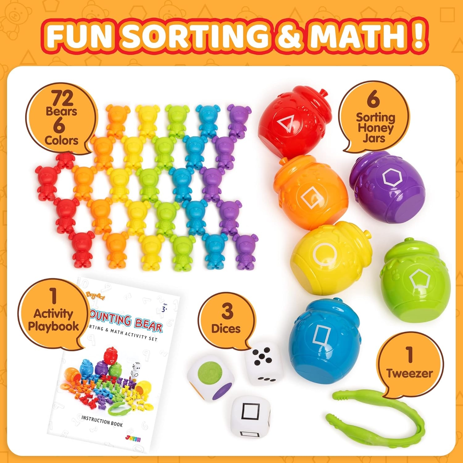 image:imageJOYIN Rainbow Counting Bears with Matching Sorting Cups  83 Pcs Set Learning Toys for Kids Age 3 Number Sorting Color Recognition Tweezers Dice Instruction Book Educational Gift