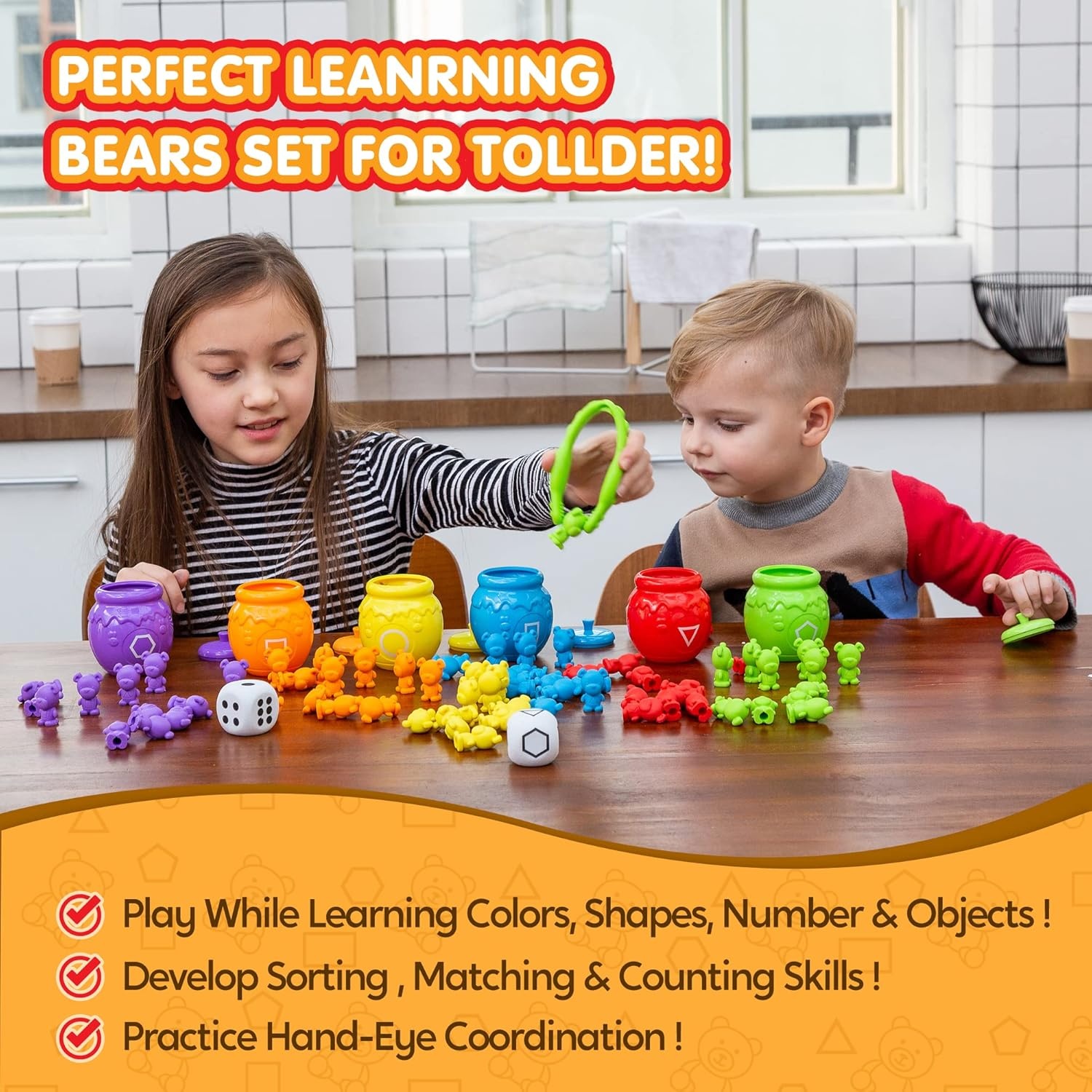 image:imageJOYIN Rainbow Counting Bears with Matching Sorting Cups  83 Pcs Set Learning Toys for Kids Age 3 Number Sorting Color Recognition Tweezers Dice Instruction Book Educational Gift