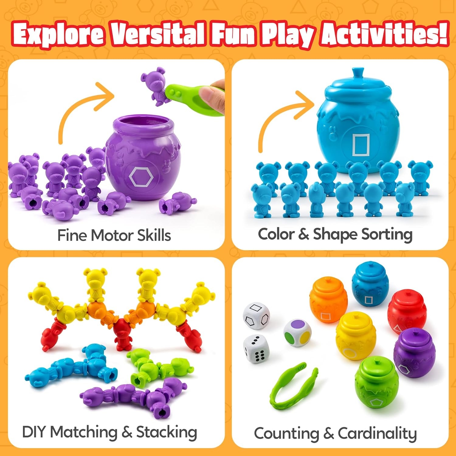image:imageJOYIN Rainbow Counting Bears with Matching Sorting Cups  83 Pcs Set Learning Toys for Kids Age 3 Number Sorting Color Recognition Tweezers Dice Instruction Book Educational Gift