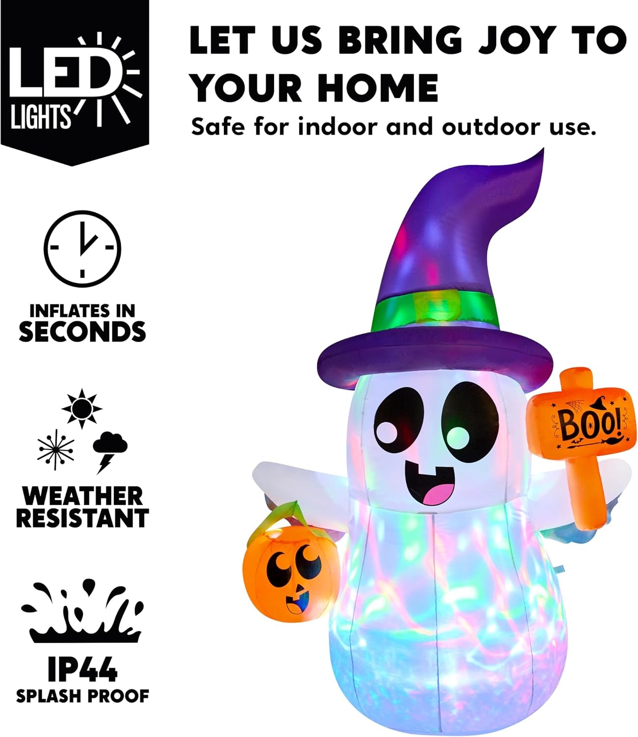 image:imageJoiedomi 5FT Tall Halloween Inflatable Ghost Pumpkin with 3Pattern Colorful Rotating Flashing Lights Cute Halloween Blow Up Ghost Yard Decorations for Lawn Garden Indoor Outdoor DecorPurple