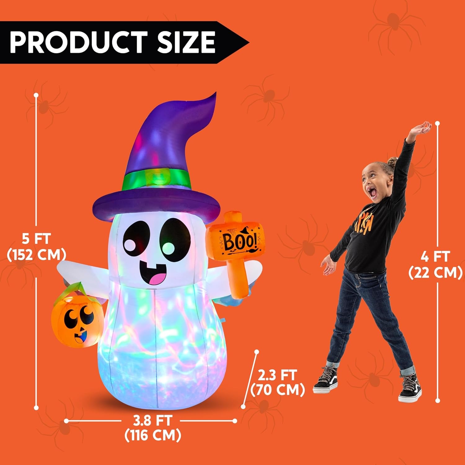 image:imageJoiedomi 5FT Tall Halloween Inflatable Ghost Pumpkin with 3Pattern Colorful Rotating Flashing Lights Cute Halloween Blow Up Ghost Yard Decorations for Lawn Garden Indoor Outdoor DecorPurple