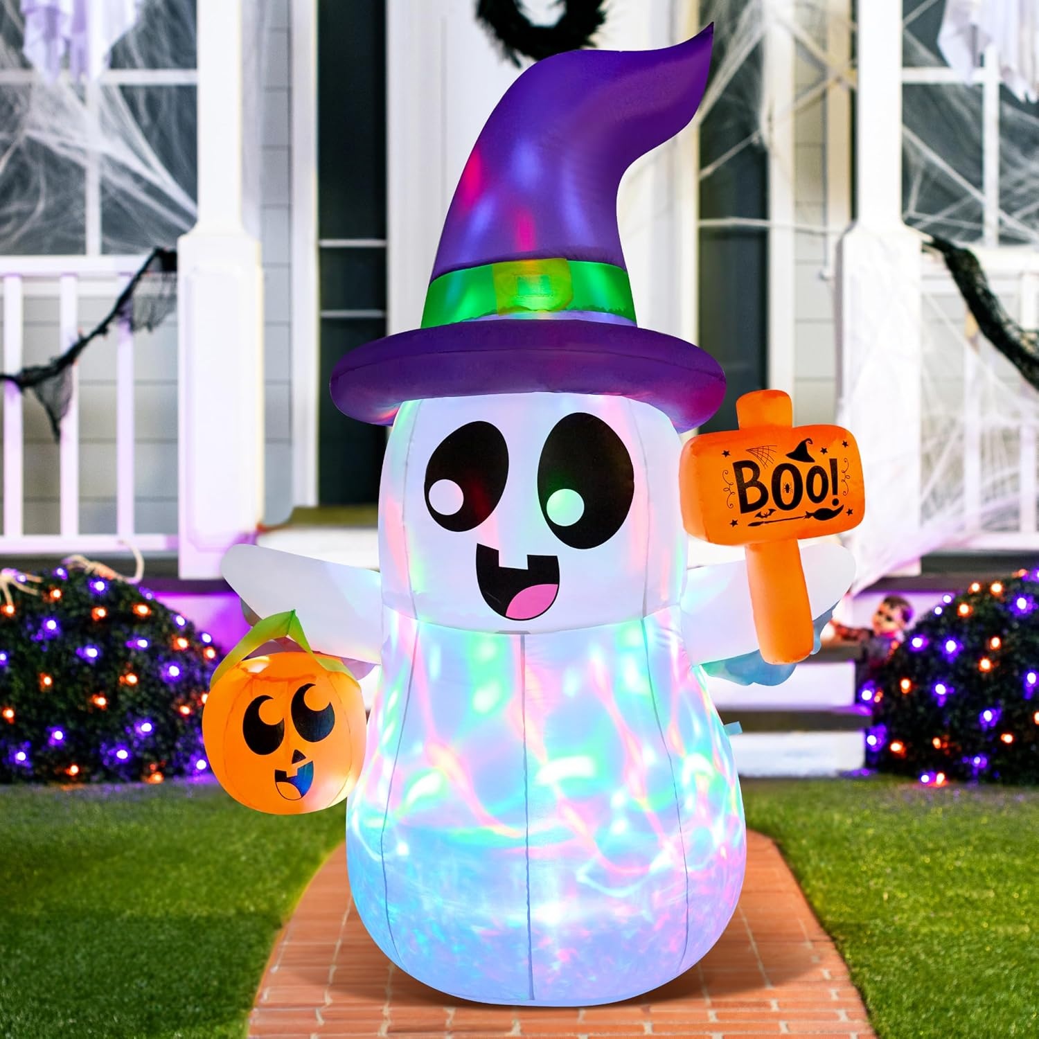 image:imageJoiedomi 5FT Tall Halloween Inflatable Ghost Pumpkin with 3Pattern Colorful Rotating Flashing Lights Cute Halloween Blow Up Ghost Yard Decorations for Lawn Garden Indoor Outdoor DecorPurple