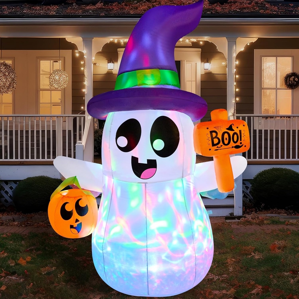 image:imageJoiedomi 5FT Tall Halloween Inflatable Ghost Pumpkin with 3Pattern Colorful Rotating Flashing Lights Cute Halloween Blow Up Ghost Yard Decorations for Lawn Garden Indoor Outdoor DecorPurple