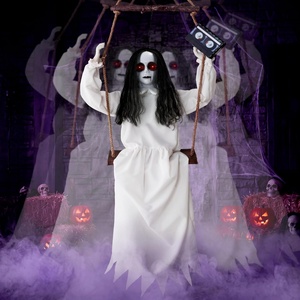 image:imageJOYIN Scary Halloween Decorations Outdoor Hanging Swinging Girl with Sound Activated Light Up Eyes and Creepy Expression Hanging Activated Halloween Decor for Indoor Outdoorblack hair swing girl