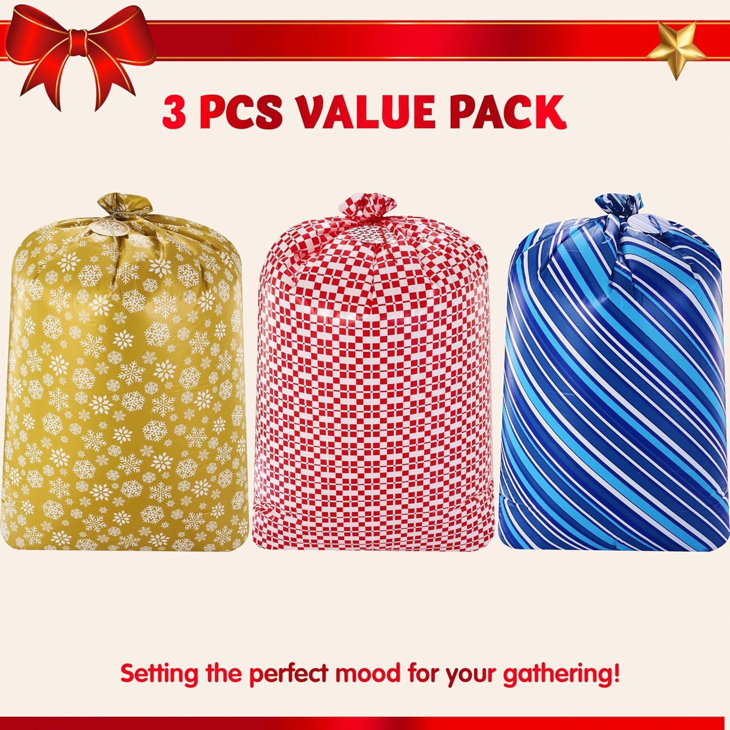 image:imageJOYIN 3 Extra Large Christmas Bags 56x36 with Gift Tags for Xmas Holiday Parties Gift Giving Winter Family Gatherings Office Parties Heavy Duty BagRedBlueGold