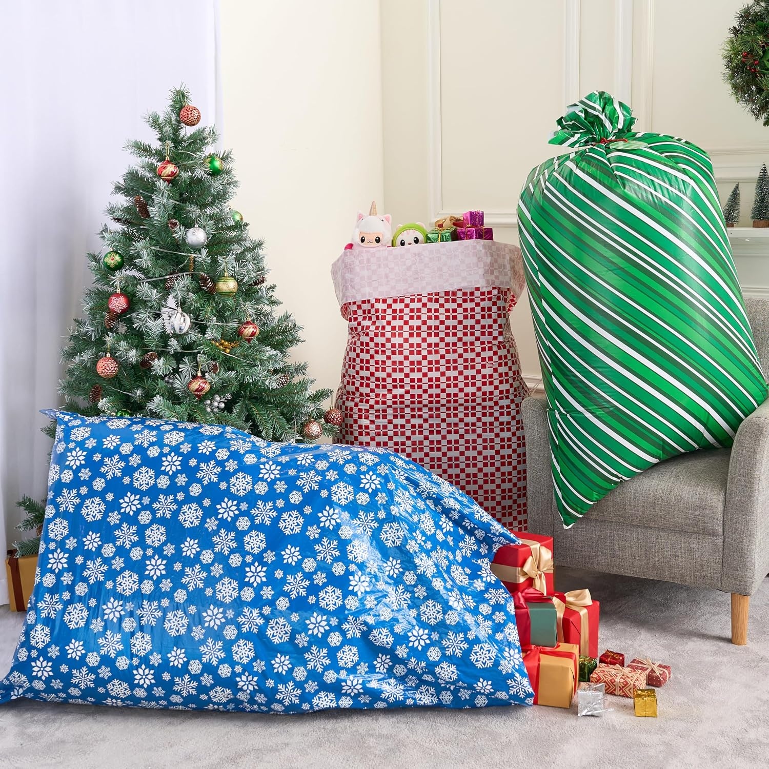 image:imageJOYIN 3 Extra Large Christmas Bags 56x36 with Gift Tags for Xmas Holiday Parties Gift Giving Winter Family Gatherings Office Parties Heavy Duty BagRedBlueGreen