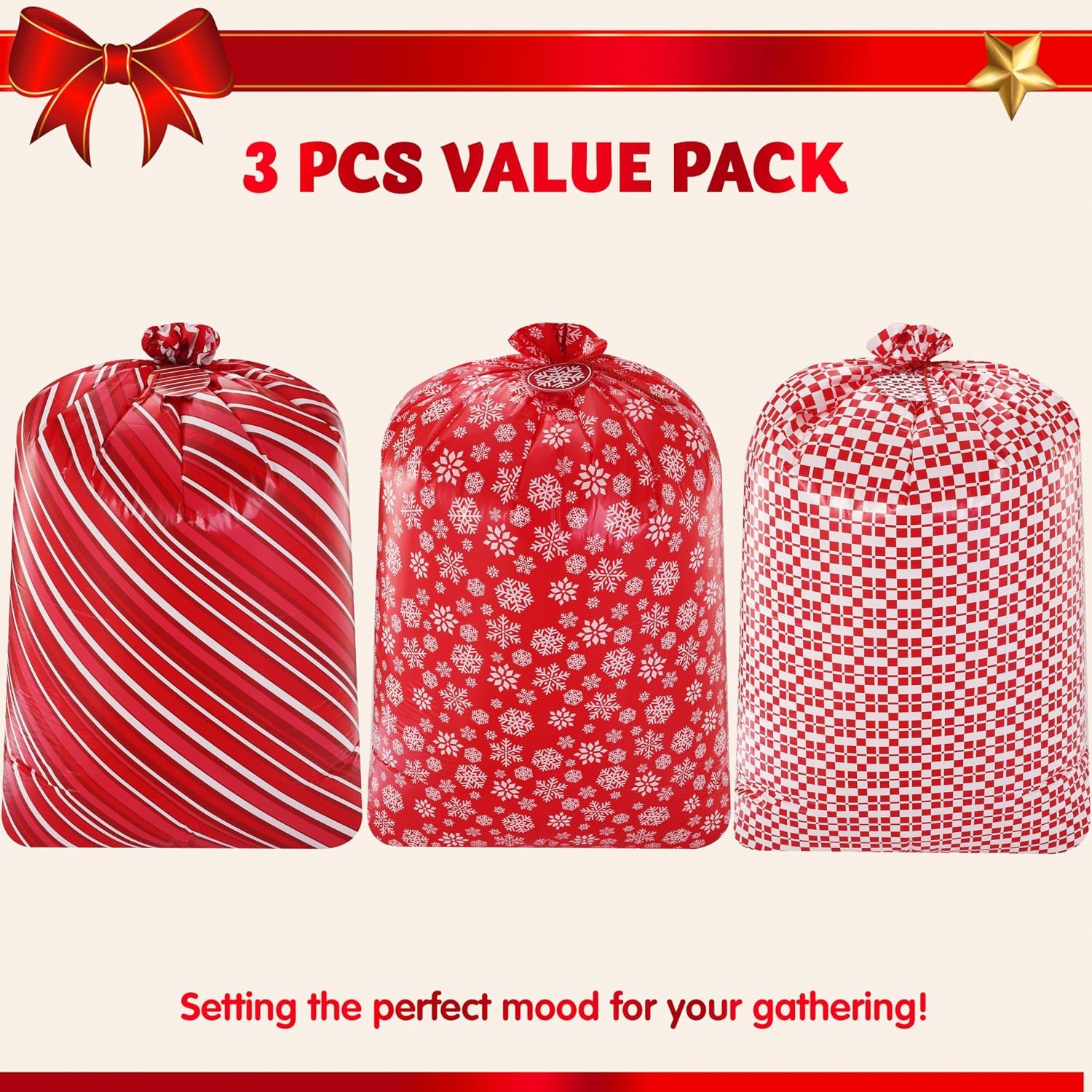 image:imageJOYIN 3 Extra Large Christmas Bags 56x36 with Gift Tags for Xmas Holiday Parties Gift Giving Winter Family Gatherings Office Parties Heavy Duty BagRed