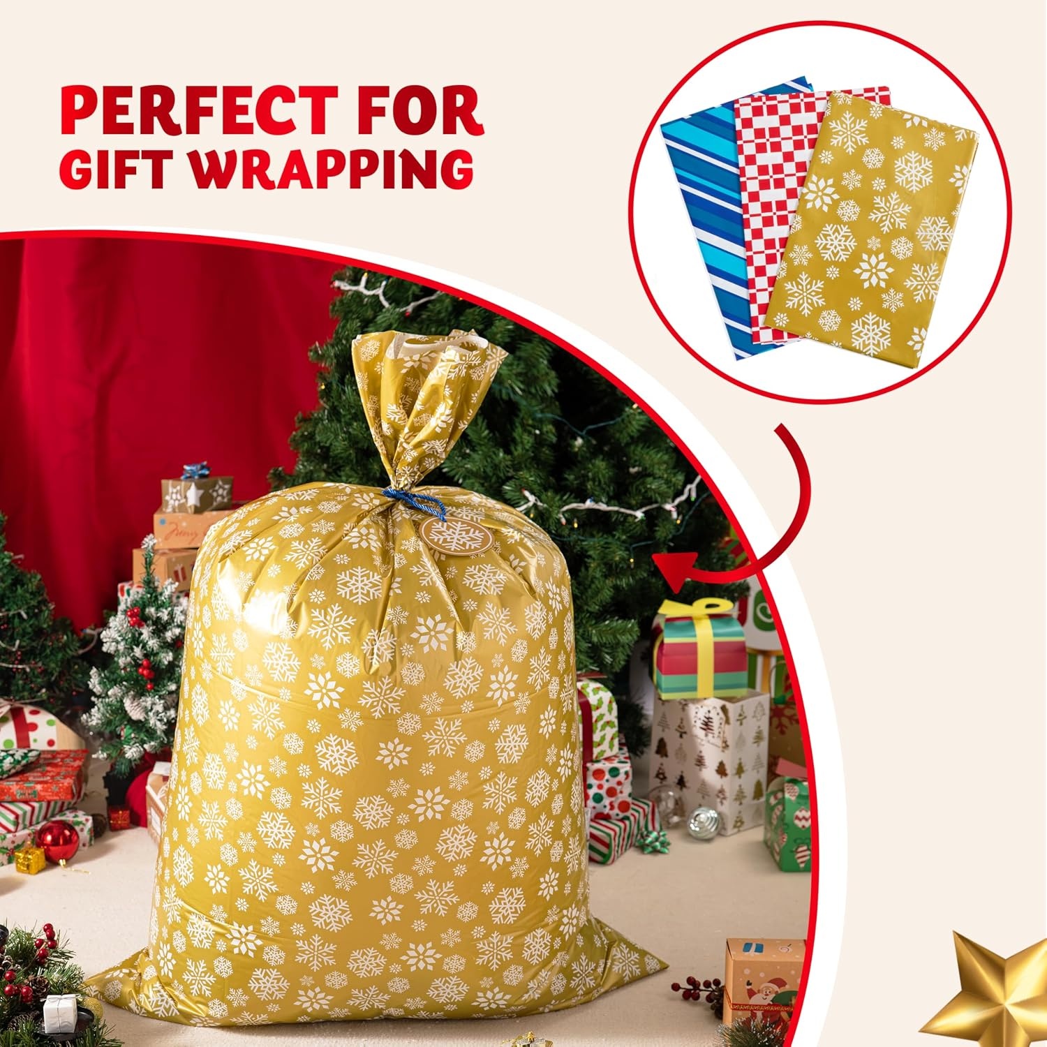 image:imageJOYIN 3 Extra Large Christmas Bags 56x36 with Gift Tags for Xmas Holiday Parties Gift Giving Winter Family Gatherings Office Parties Heavy Duty BagRedBlueGold