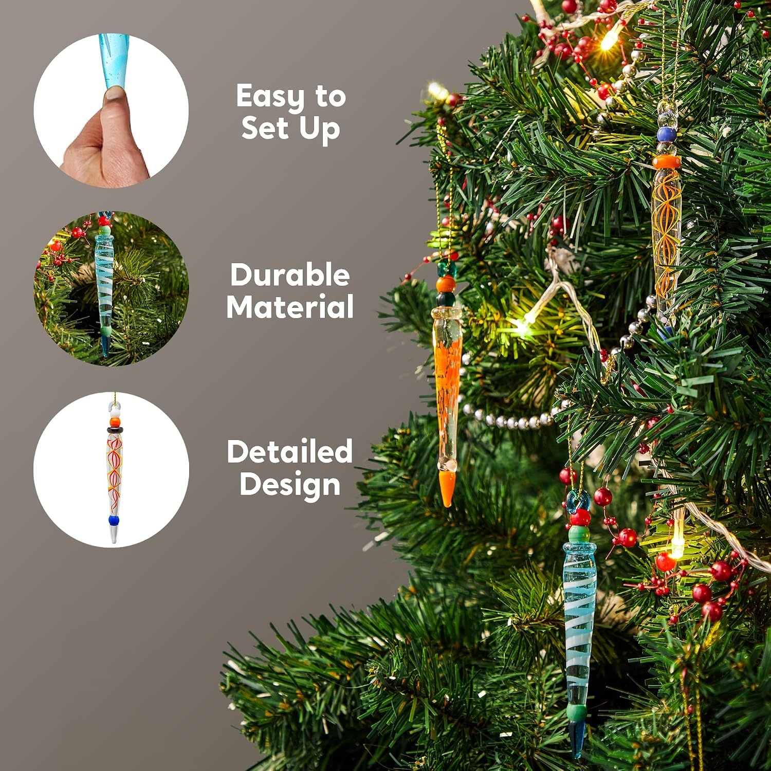 image:imageJOYIN 12Pcs Colorful Glass Icicle Ornaments with Crystal Line for Christmas Tree Decorations 35437 Xmas Tree Hanging in 12 Different Designs