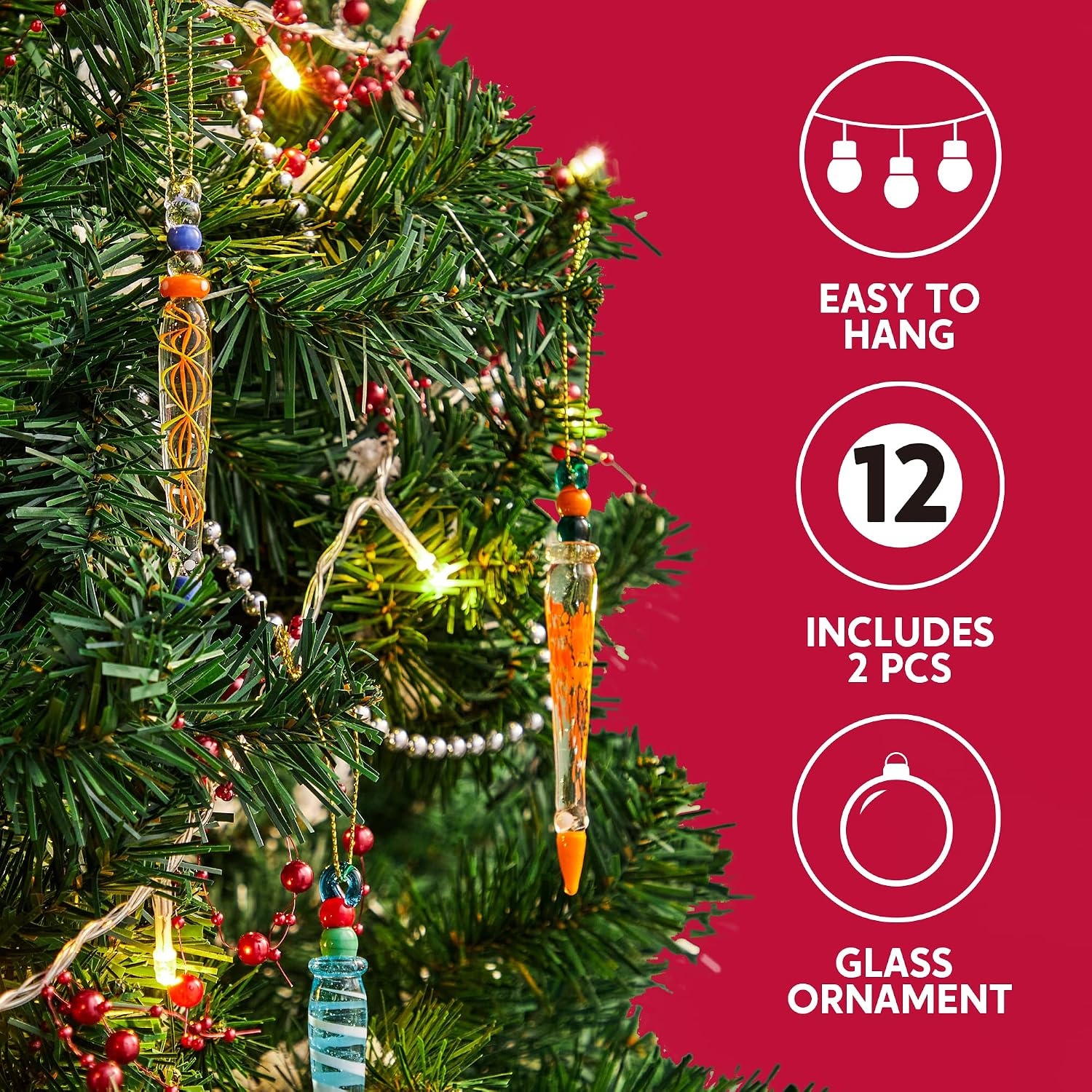 image:imageJOYIN 12Pcs Colorful Glass Icicle Ornaments with Crystal Line for Christmas Tree Decorations 35437 Xmas Tree Hanging in 12 Different Designs