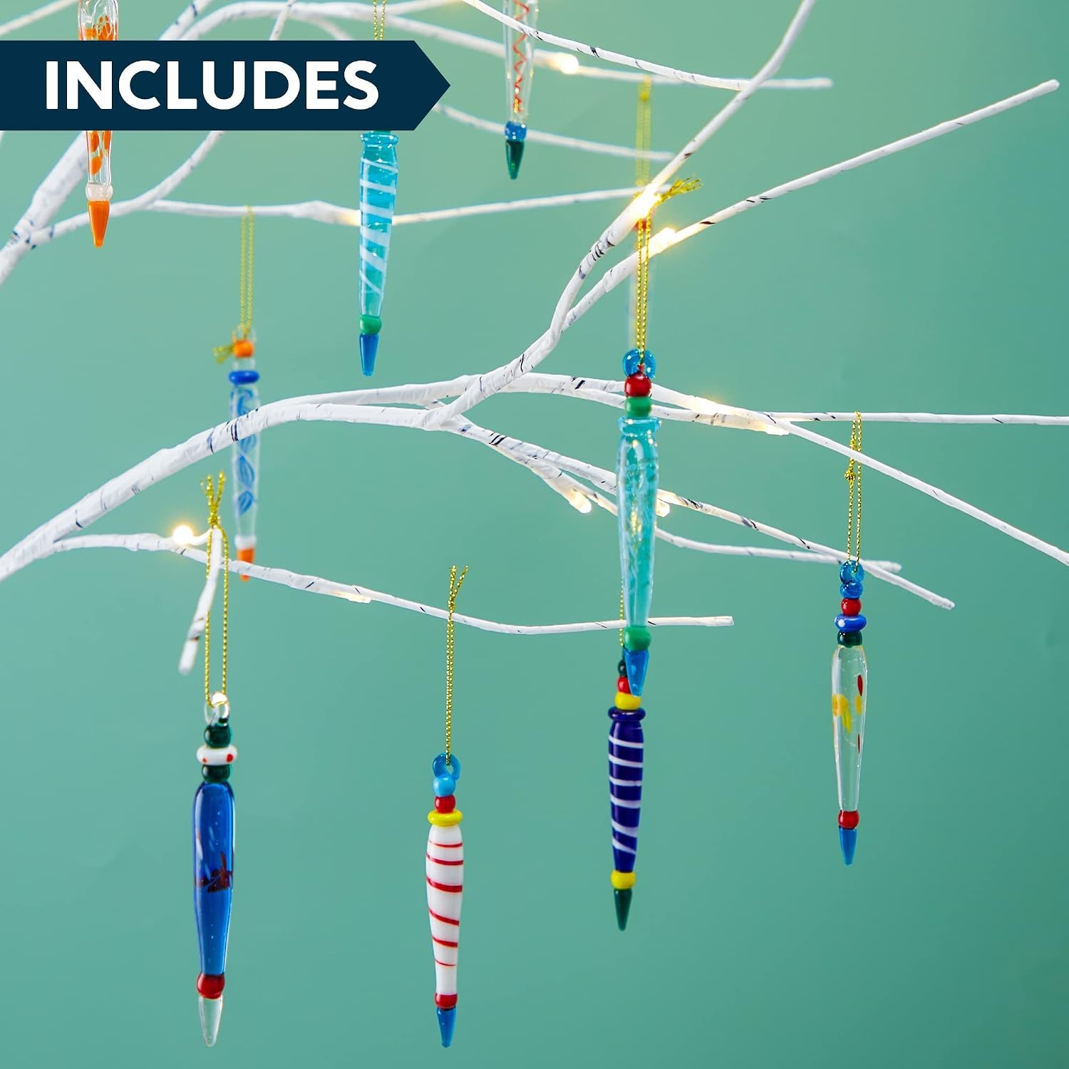 image:imageJOYIN 12Pcs Colorful Glass Icicle Ornaments with Crystal Line for Christmas Tree Decorations 35437 Xmas Tree Hanging in 12 Different Designs