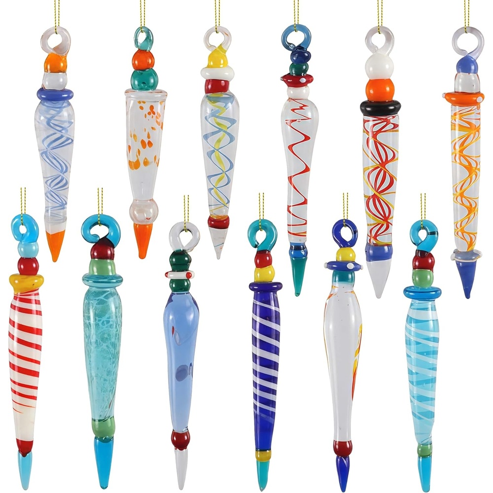 image:imageJOYIN 12Pcs Colorful Glass Icicle Ornaments with Crystal Line for Christmas Tree Decorations 35437 Xmas Tree Hanging in 12 Different Designs
