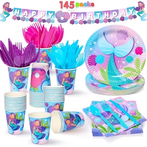image:imageJOYIN 145 Pcs Construction Birthday Party Supplies with Banner 24 Serves Tractor Truck Tableware Set with Plates Cups Napkins and Cutlery Sets for Construction Themes Party Kids 6 7 8 YearsMermaid