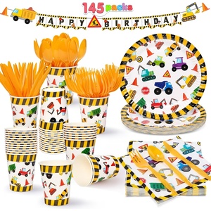 image:imageJOYIN 145 Pcs Construction Birthday Party Supplies with Banner 24 Serves Tractor Truck Tableware Set with Plates Cups Napkins and Cutlery Sets for Construction Themes Party Kids 6 7 8 YearsConstruction
