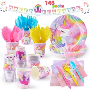 image:imageJOYIN 145 Pcs Construction Birthday Party Supplies with Banner 24 Serves Tractor Truck Tableware Set with Plates Cups Napkins and Cutlery Sets for Construction Themes Party Kids 6 7 8 YearsUnicorn