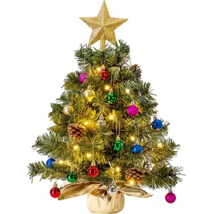 image:imageJoiedomi 242FT Tabletop Mini Christmas Tree Pre lit with Warm Lights Holly Berries Pine Cones and Ornaments for Indoor Artificial Mini Xmas Tree Holiday Season Decorations GoldTree with yellow Tree Topper