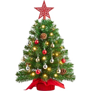 image:imageJoiedomi 242FT Tabletop Mini Christmas Tree Pre lit with Warm Lights Holly Berries Pine Cones and Ornaments for Indoor Artificial Mini Xmas Tree Holiday Season Decorations GoldTree with red Tree Topper